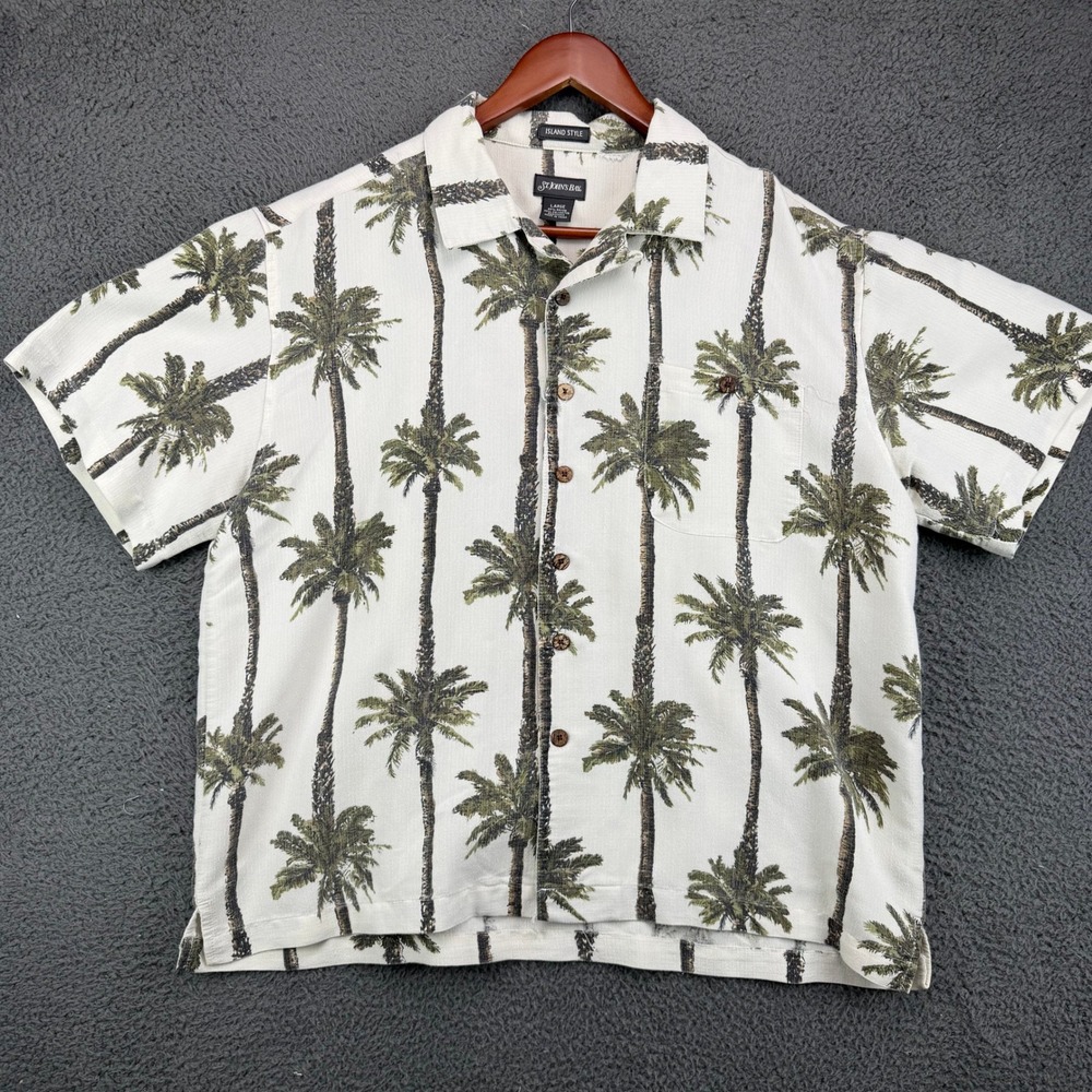 St Johns Bay Mens Large Island Style Palm Tree‎ Hawaiian Button Up Shirt White